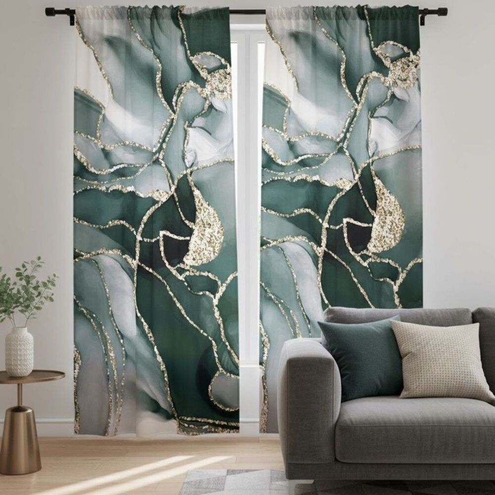 Wayfair Curtains Golden Green Geode Marble Print Pair 41x63" Green Marble Print